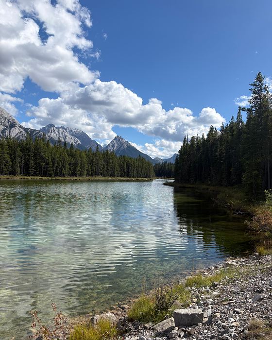 Un lago de montaña de aguas claras rodeado de bosque en Kananaskis, Alberta.