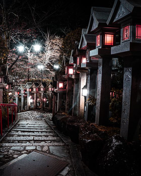 Un camino de piedra bordeado de faroles de santuario con luz roja, de noche, en Japón.