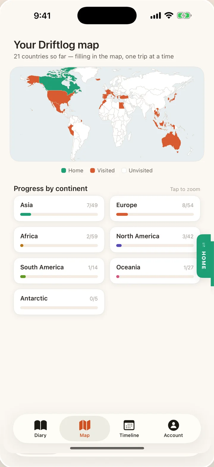 Pantalla del mapa de Driftlog: un mapa del mundo con 21 países coloreados y el progreso por continente.